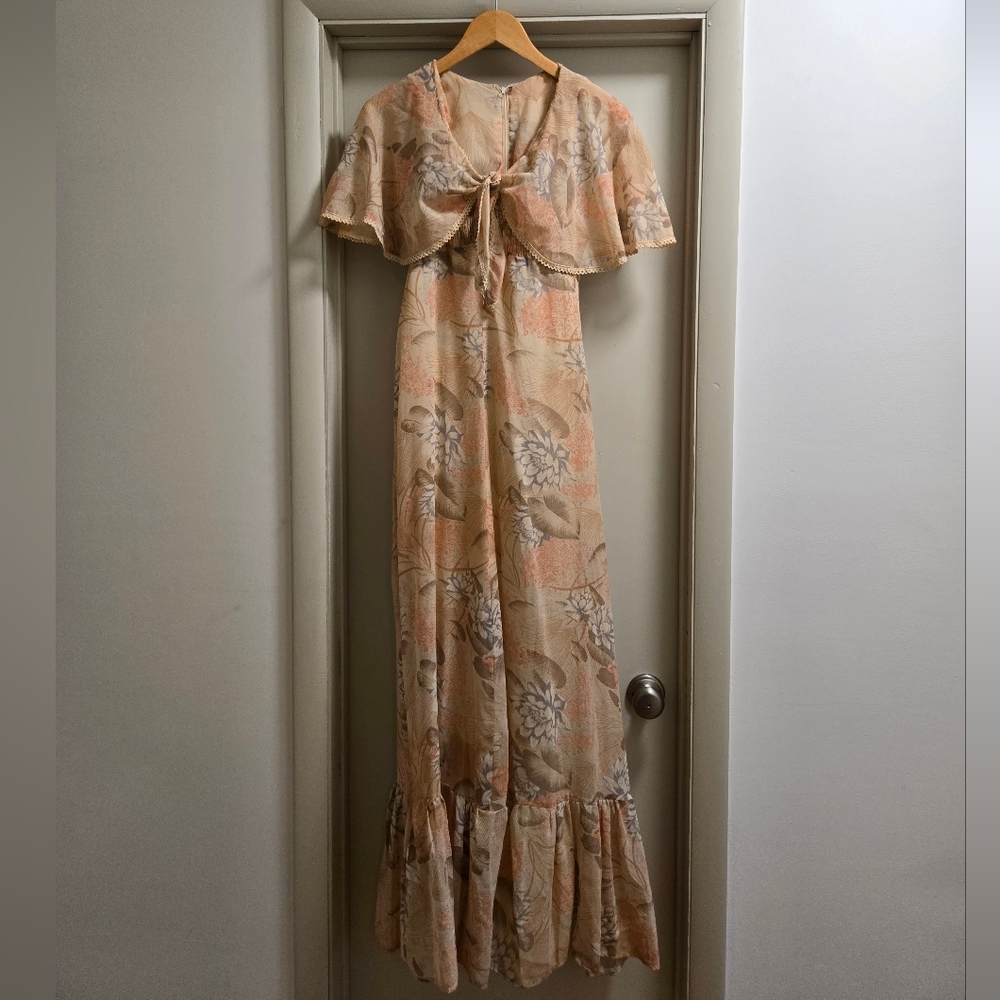 Vintage Peach Floral Formal Dress w/Sheer Overlay